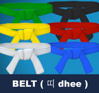 Around the dobok a dhee (belt) is worn. The colour of the belt denotes the rank or grade of the wearer