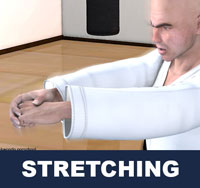 Stretching is a form of physical exercise in which a specific muscle or tendon (or muscle group) is deliberately flexed or stretched in order to improve the muscle's felt elasticity and achieve comfortable muscle tone