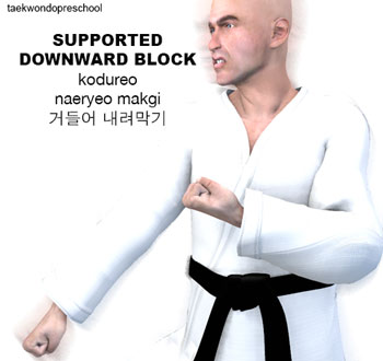 Supported Downward Blocking ( 거들어 내려막기 kodureo naeryeo makgi )