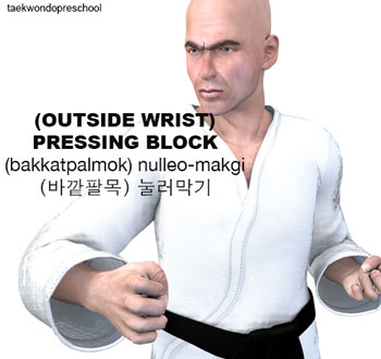 Outside Wrist Pressing Block ( 바깥팔목 눌러막기 bakkatpalmok nulleo-makgi )