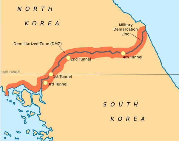 The Korean peninsula, first divided along the 38th parallel, later along the demarcation line. The Demilitarized Zone in Korea