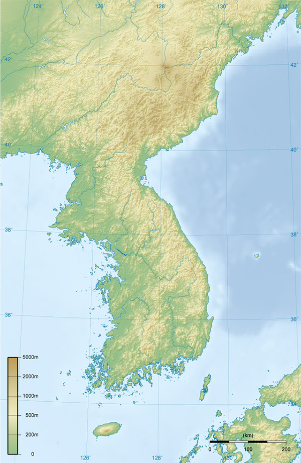 Topographic map of Korean Peninsula.