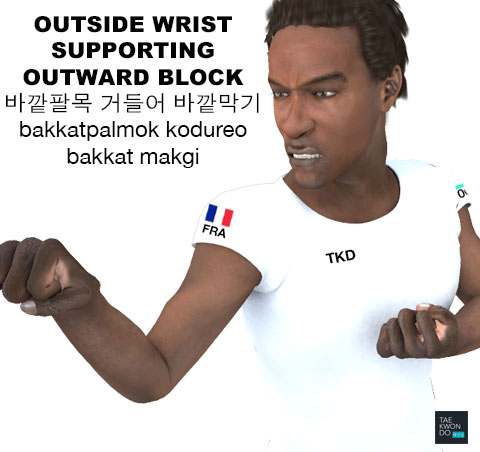 Outside Wrist Supporting Outward Block ( 바깥팔목 거들어 바깥막기 bakkatpalmok-kodureo-bakkat-makgi )